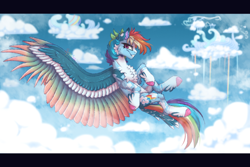 Size: 900x600 | Tagged: safe, artist:spectrasus, imported from derpibooru, rainbow dash, cheek fluff, chest fluff, cloud, cloudsdale, colored wings, ear fluff, fluffy, flying, rainbow waterfall, sky, solo, wings