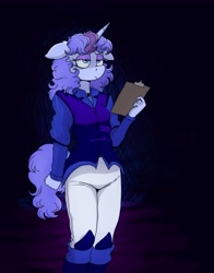 Size: 2670x3414 | Tagged: safe, artist:paskanaakka, derpibooru exclusive, imported from derpibooru, oc, oc only, oc:midnight dew, anthro, unicorn, alternate timeline, clipboard, clothes, female, floppy ears, lidded eyes, mare, nightmare takeover timeline, solo, uniform