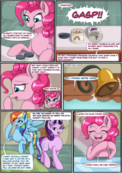 Size: 2893x4092 | Tagged: safe, artist:novaspark, imported from derpibooru, part of a set, pinkie pie, rainbow dash, starlight glimmer, earth pony, pegasus, pony, unicorn, art pack:summer snarfing, comic, dialogue, imminent vore, sugarcube corner, this will end in cupcakes