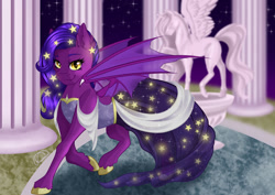 Size: 1280x906 | Tagged: safe, artist:nuumia, imported from derpibooru, oc, oc only, oc:phantasia, bat pony, pony, bat pony oc, bat wings, clothes, column, dress, female, looking at you, mare, smiling, smiling at you, solo, statue, wings