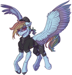 Size: 1024x1060 | Tagged: safe, artist:spectrasus, imported from derpibooru, rainbow dash, pegasus, pony, fanfic:rainbow factory, cap, clothes, colored wings, fanfic art, female, floppy ears, flying, glasses, hat, looking at you, mare, simple background, solo, spread wings, transparent background, wings