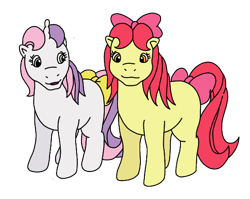 Size: 568x452 | Tagged: safe, artist:mattiedrawsponies, imported from derpibooru, apple bloom, sweetie belle, earth pony, pony, unicorn, adorabloom, apple bloom's bow, blank flank, bow, colored, cute, diasweetes, duo, female, filly, foal, g1, g4, g4 to g1, generation leap, hair bow, open mouth, open smile, simple background, smiling, tail, tail bow, transparent background, vector