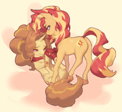 Size: 640x586 | Tagged: safe, artist:eopo, imported from derpibooru, adagio dazzle, sunset shimmer, pony, unicorn, equestria girls, blushing, bondage, butt, duo, equestria girls ponified, female, gift wrapped, lesbian, lying down, mare, on back, one eye closed, plot, ponified, ribbon, shipping, sunsagio, tied up