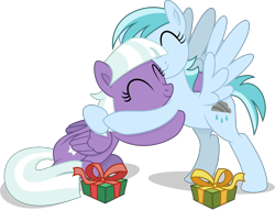 Size: 5265x4014 | Tagged: safe, artist:thatusualguy06, imported from derpibooru, appointed rounds, rainy day, pegasus, pony, road to friendship, the break up breakdown, .svg available, ^^, absurd resolution, duo, duo female, eyes closed, female, folded wings, hooves, hug, lesbian, mare, present, rainy rounds, shadow, shipping, simple background, sitting, smiling, spread wings, svg, tail, transparent background, two toned mane, two toned tail, vector, wings