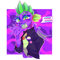 Size: 640x640 | Tagged: safe, artist:occultusion, imported from derpibooru, spike, dragon, anarchy, clothes, eyebrow piercing, female, female symbol, hand in pocket, jacket, looking at you, nonbinary, nonbinary pride flag, open mouth, open smile, piercing, pride, pride flag, smiling, smiling at you, solo, speech bubble, trans female, transgender, transgender pride flag, wings