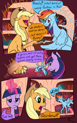 Size: 1200x1920 | Tagged: safe, artist:magnificent-arsehole, imported from ponybooru, applejack, rainbow dash, twilight sparkle, earth pony, pegasus, unicorn, book, comic, dialogue, diary, faic, female, golden oaks library, laughing, magic, mane, mare, shrinking, tail, text, unicorn twilight, vulgar