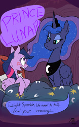 Size: 1200x1920 | Tagged: safe, artist:magnificent-arsehole, imported from ponybooru, princess luna, twilight sparkle, alicorn, bed, bedframe, blanket, blushing, dialogue, flowing mane, hooves, horn, mane, pillow, teeth, text, twilight sparkle (alicorn), wings