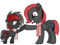 Size: 1200x902 | Tagged: safe, artist:idkhesoff, imported from derpibooru, oc, oc only, oc:nightmare dash, oc:raven beat, earth pony, pegasus, pony, derpibooru community collaboration, 2022 community collab, clone, duo, female, hearth's warming eve, looking at each other, looking at someone, mother and child, mother and daughter, simple background, smiling, transparent background, winter