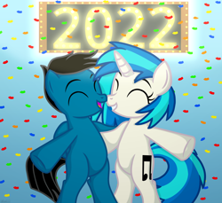 Size: 7200x6600 | Tagged: safe, artist:agkandphotomaker2000, imported from derpibooru, dj pon-3, vinyl scratch, oc, oc:pony video maker, pegasus, pony, unicorn, bipedal, canon x oc, eyes closed, female, folded wings, happy new year, happy new year 2022, holding each other, holiday, male, neon, neon sign, new year, open mouth, shipping, show accurate, sign, simple background, smiling, straight, videoscratch, wings