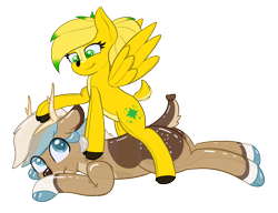 Size: 2823x2170 | Tagged: safe, artist:eyeburn, imported from derpibooru, oc, oc:dexter, oc:mia mesa, deer, inflatable pony, female, high res, inflatable, male, petting, plushie, simple background, transparent background