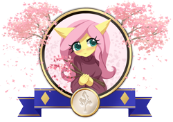 Size: 850x600 | Tagged: safe, artist:howxu, imported from derpibooru, part of a set, fluttershy, anthro, blushing, breasts, cherry blossoms, clothes, cute, flower, flower blossom, shyabetes, simple background, solo, sweater, sweatershy, transparent background