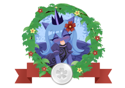 Size: 850x600 | Tagged: safe, artist:howxu, imported from derpibooru, part of a set, princess luna, alicorn, anthro, cute, eyes closed, flower, flower in hair, lunabetes, open mouth, open smile, s1 luna, simple background, smiling, solo, transparent background