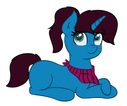 Size: 1963x1648 | Tagged: safe, artist:eyeburn, imported from derpibooru, oc, oc only, oc:altus bastion, pony, unicorn, derpibooru community collaboration, 2022 community collab, bandana, female, looking at you, lying down, mare, prone, simple background, solo, transparent background