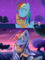 Size: 2064x2729 | Tagged: safe, artist:db, imported from derpibooru, screencap, rainbow dash, scootaloo, pegasus, pony, sleepless in ponyville, female, filly, foal, grass, high res, hub logo, hug, mare, scene interpretation, scootalove, screencap reference, shooting star, sky, stars, tree