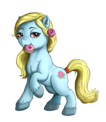 Size: 2227x2554 | Tagged: safe, artist:celsian, imported from derpibooru, oc, oc:larimare, earth pony, pony, derpibooru community collaboration, 2022 community collab, blonde, donut, ear piercing, earring, female, flower, flower in hair, food, high res, jewelry, mare, mouth hold, piercing, raised hoof, simple background, solo, tail, tail wrap, transparent background, unshorn fetlocks