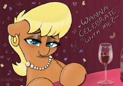 Size: 1944x1356 | Tagged: safe, artist:llametsul, imported from derpibooru, ms. harshwhinny, earth pony, pony, alcohol, bedroom eyes, blushing, bottle, chest fluff, colored, confetti, cougar, dialogue, drunk, ear piercing, earring, eyeshadow, female, glass, go home you're drunk, happy new year, heart, heart eyes, holiday, jewelry, lidded eyes, looking at you, makeup, mare, milf, necklace, pearl necklace, piercing, smiling, smiling at you, solo, text, wine, wine bottle, wine glass, wingding eyes