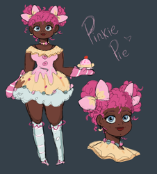 Size: 3816x4213 | Tagged: safe, artist:charrlll, imported from derpibooru, pinkie pie, human, alternate hairstyle, blackwashing, blue background, bow, clothes, dark skin, dress, female, flats, food, hair bow, humanized, jewelry, necklace, oven mitts, pie, shoes, simple background, socks, solo, stockings, thigh highs
