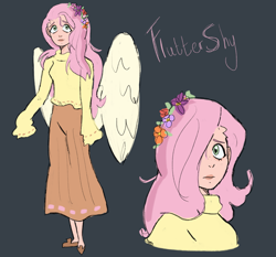 Size: 3297x3068 | Tagged: safe, artist:charrlll, imported from derpibooru, fluttershy, human, alternate hairstyle, blue background, clothes, cute, female, flats, floral head wreath, flower, hair over one eye, high res, humanized, long skirt, shoes, shyabetes, simple background, skirt, solo, sweater, sweatershy, winged humanization, wings