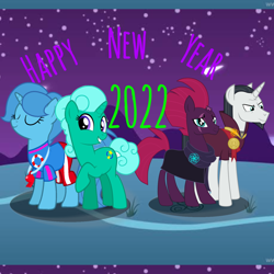 Size: 1378x1378 | Tagged: safe, artist:decokenite, edit, imported from derpibooru, chancellor neighsay, fizzlepop berrytwist, glitter drops, spring rain, tempest shadow, pony, unicorn, 2022, female, happy new year, holiday, male, mare, new year, stallion