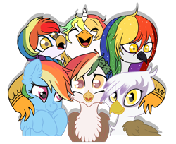 Size: 1280x1042 | Tagged: safe, artist:chocolateplush1, imported from derpibooru, gilda, rainbow dash, oc, oc:rainbow feather, hippogriff, alternate timeline, alternate universe, braid, cute, ear fluff, group hug, hug, interspecies offspring, magical lesbian spawn, offspring, parent:gilda, parent:rainbow dash, parents:gildash, simple background, transparent background