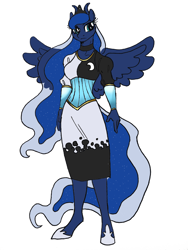 Size: 1920x2560 | Tagged: safe, artist:fotia-kouneli, imported from derpibooru, princess luna, alicorn, anthro, bicorn, unguligrade anthro, choker, clothes, dress, female, horn, multiple horns, simple background, solo, white background