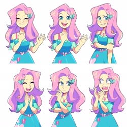 Size: 2048x2048 | Tagged: safe, artist:lou_lubally, imported from derpibooru, fluttershy, equestria girls, blushing, butterfly hairpin, clapping, commission, cute, embarrassed, emotes, eyes closed, female, geode of fauna, happy, high res, jewelry, looking at you, magical geodes, necklace, open mouth, open smile, shocked, shyabetes, simple background, smiling, solo, thinking, waving, white background