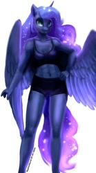 Size: 499x900 | Tagged: safe, artist:raphaeldavid, imported from derpibooru, princess luna, alicorn, anthro, abs, clothes, female, hand on hip, looking at you, muscles, shorts, simple background, smiling, solo, sports bra, sports shorts, white background, workout outfit