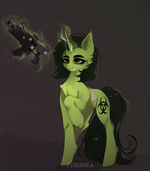 Size: 3500x4000 | Tagged: safe, artist:purlin-ka, imported from derpibooru, oc, oc only, oc:poison kiss, pony, unicorn, abstract background, bolter, chaos, cheek fluff, chest fluff, crossover, cultist, ear fluff, eyebrows, eyelashes, female, glowing, glowing horn, grin, gun, horn, magic, magic aura, mare, nurgle, raised hoof, smiling, solo, telekinesis, unicorn oc, warhammer (game), warhammer 40k, weapon