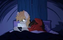 Size: 3000x1900 | Tagged: safe, artist:aaronmk, imported from derpibooru, oc, oc:littlepip, oc:red eye, earth pony, pony, unicorn, fallout equestria, alternate universe, alternate universe of an alternate universe, bed, cellphone, dark, eye reflection, female, mare, night, phone, red pip, reflection, sleeping, sleeping together, smartphone, vector