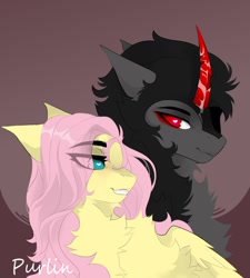 Size: 972x1080 | Tagged: safe, artist:purlin-ka, imported from derpibooru, fluttershy, king sombra, pegasus, pony, unicorn, duo, eye clipping through hair, female, fluffy, heart eyes, male, mare, no pupils, shipping, sombrashy, stallion, straight, wingding eyes