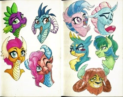 Size: 3219x2550 | Tagged: safe, artist:invalid-david, imported from derpibooru, gallus, mina, ocellus, princess ember, sandbar, silverstream, smolder, spike, yona, changeling, dragon, earth pony, griffon, hippogriff, pony, yak, blushing, bust, dragoness, female, high res, sketchbook, student six, traditional art, tsundere, watercolor painting