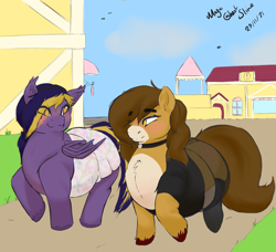 Size: 3453x3146 | Tagged: safe, artist:magicghostslime, imported from derpibooru, oc, oc only, oc:lightning, oc:pencil test, bat pony, earth pony, pony, bat pony oc, chubby, clothes, colored hooves, dress, duo, duo female, earth pony oc, fat, female, high res, signature, unshorn fetlocks, walking