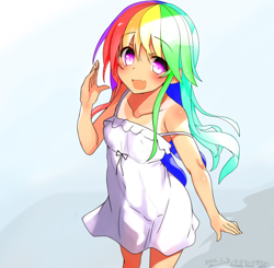 Size: 800x784 | Tagged: safe, artist:cz, imported from derpibooru, rainbow dash, human, equestria girls, anime style, bare shoulders, clothes, cute, cute little fangs, dashabetes, dress, fangs, humanized, looking at you, sleeveless, tan lines