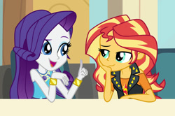 Size: 1024x681 | Tagged: safe, artist:emeraldblast63, imported from derpibooru, rarity, sunset shimmer, comic:the tale of two sunsets, equestria girls, bracelet, clothes, cutie mark on clothes, duo, jewelry, open mouth, rarity peplum dress, sleeveless, story in the source, vest