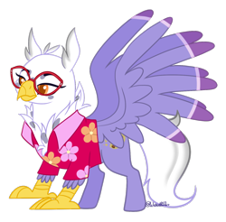 Size: 1368x1344 | Tagged: safe, artist:wicked-red-art, imported from derpibooru, oc, oc only, oc:gerbera, classical hippogriff, hippogriff, between dark and dawn, clothes, glasses, hawaiian shirt, shirt, simple background, solo, transparent background