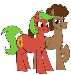 Size: 1612x1687 | Tagged: safe, artist:feralroku, imported from derpibooru, oc, oc only, oc:cayenne, oc:strong runner, earth pony, pony, derpibooru community collaboration, 2022 community collab, chubby, female, freckles, male, mare, simple background, smiling, stallion, transparent background