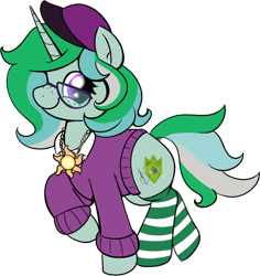 Size: 1042x1104 | Tagged: safe, artist:grodiechan, imported from derpibooru, oc, oc only, oc:emeraldine stitch, pony, unicorn, derpibooru community collaboration, 2022 community collab, clothes, collared shirt, female, freckles, glasses, hat, jewelry, mare, necklace, princess celestia's cutie mark, shirt, simple background, socks, solo, stockings, striped socks, sweater, thigh highs, transparent background