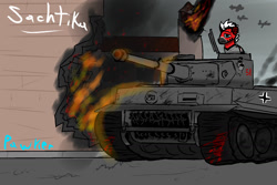 Size: 1500x1000 | Tagged: safe, artist:pawker, imported from derpibooru, oc, oc only, oc:sachtika, earth pony, pony, blood, commission, fire, male, solo, swamp cinema, tank (vehicle), tiger (tank), world war ii