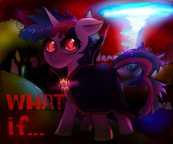 Size: 1197x996 | Tagged: safe, artist:p+e-n, imported from derpibooru, twilight sparkle, alicorn, pony, clothes, costume, dark background, dark magic, doctor strange, element of magic, magic, marvel, marvel cinematic universe, solo, strange supreme, twilight sparkle (alicorn), what if