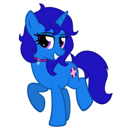 Size: 1500x1500 | Tagged: safe, artist:the smiling pony, imported from derpibooru, oc, oc only, oc:delly, pony, unicorn, derpibooru community collaboration, .svg available, 2022 community collab, blue mane, blue tail, collar, female, full body, grin, horn, lock, looking at you, mare, padlock, padlocked collar, purple eyes, raised hoof, raised leg, show accurate, simple background, smiling, solo, standing on two hooves, svg, tail, transparent background, unicorn oc, vector