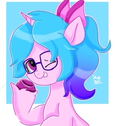 Size: 797x861 | Tagged: safe, artist:skylinepony_, imported from derpibooru, izzy moonbow, pony, unicorn, alternate hairstyle, g5, glasses, looking at you, my little pony: a new generation, one eye closed, ponytail, smiling, solo, wink, winking at you