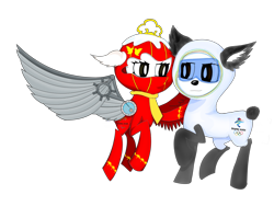 Size: 2048x1536 | Tagged: safe, imported from derpibooru, oc, oc only, oc:bing dwen dwen, oc:shuey rhon rhon, bear, earth pony, panda, pegasus, pony, derpibooru community collaboration, 2022 community collab, artificial wings, augmented, bing dwen dwen, mechanical wing, ponified, shuey rhon rhon, simple background, spread wings, transparent background, wings