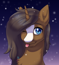 Size: 1200x1322 | Tagged: safe, artist:tigra0118, imported from derpibooru, oc, oc only, oc:strawberry cocoa, monster pony, pony, unicorn, :p, artwork, blaze (coat marking), blue eyes, brown coat, bust, chest fluff, coat markings, cute, digital art, ear fluff, facial markings, food, horn, long mane, male, ocbetes, one eye closed, portrait, rule 63, snow, solo, stallion, strawberry, tongue out, unicorn oc