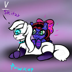 Size: 1000x1000 | Tagged: safe, artist:pawker, imported from derpibooru, oc, oc:skitzy, oc:v, earth pony, pegasus, clothes, commission, female, glasses, socks, swamp cinema, wholesome