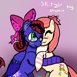 Size: 1000x1000 | Tagged: safe, artist:pawker, imported from derpibooru, oc, oc:shymin, oc:skitzy, earth pony, pegasus, commission, cute, female, glasses, hug, smiling, solo, swamp cinema, wholesome