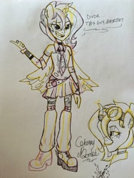 Size: 2448x3264 | Tagged: safe, artist:khimi-chan, imported from derpibooru, oc, oc only, changeling queen, equestria girls, bust, changeling queen oc, clothes, duo, equestria girls-ified, female, goggles, high res, pants, signature, smiling, traditional art