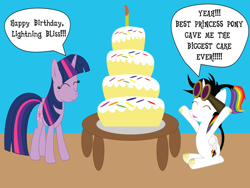 Size: 1024x768 | Tagged: safe, artist:jamesthunder, imported from derpibooru, twilight sparkle, oc, oc:lightning bliss, birthday cake, birthday candles, cake, cute, dialogue, food, goggles, speech bubble