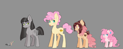 Size: 2300x922 | Tagged: safe, artist:merdiia, imported from derpibooru, li'l cheese, oc, earth pony, pony, the last problem, earth pony oc, female, gray background, group, mare, offspring, older, parent:cheese sandwich, parent:marble pie, parent:maud pie, parent:mud briar, parent:pinkie pie, parents:cheesepie, parents:maudbriar, simple background