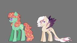 Size: 1650x922 | Tagged: safe, artist:merdiia, imported from derpibooru, oc, oc only, earth pony, hybrid, pegasus, pony, bio in description, duo, earth pony oc, female, gray background, interspecies offspring, male, mare, offspring, parent:discord, parent:fluttershy, parent:tree hugger, parent:zephyr breeze, parents:discoshy, parents:zephyrhugger, pegasus oc, simple background, stallion, sunglasses, wings