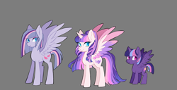 Size: 1800x922 | Tagged: safe, artist:merdiia, imported from derpibooru, oc, oc only, alicorn, pegasus, pony, alicorn oc, bio in description, female, filly, foal, gray background, horn, mare, offspring, parent:flash sentry, parent:twilight sparkle, parents:flashlight, pegasus oc, simple background, wings